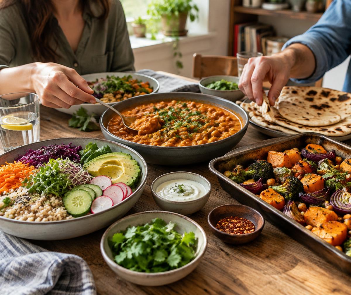 Friends sharing a table of colourful home-cooked vegan dishes, including chickpea curry, a rainbow grain bowl, roasted vegetables and flatbreads