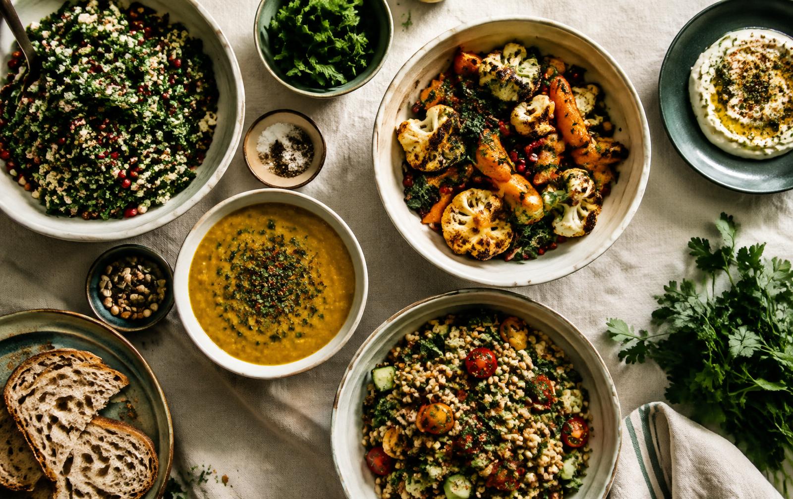 A table of colourful vegan dishes